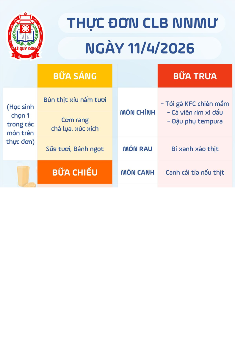 Thực đơn CLB Ngôi nhà mơ ước 11/04/2026